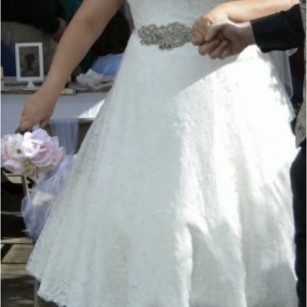 David's Bridal White Wedding Dress with Silver Accents